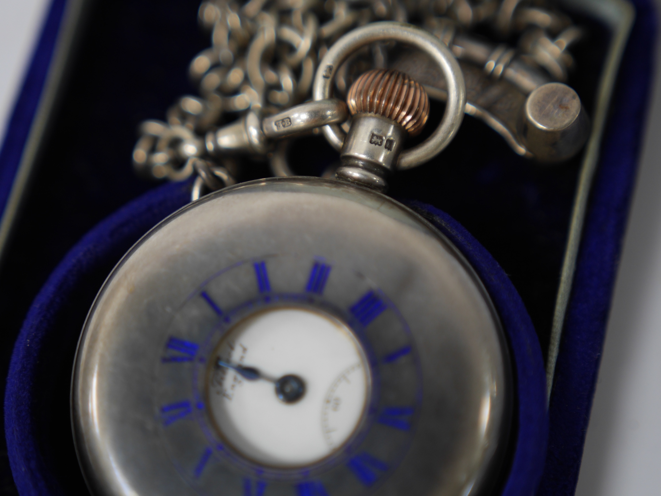 Six assorted pocket and fob watches, including a Victorian silver open faced, case diameter 62mm, a silver half hunter pocket watch with a silver albert and a small plated bosun's call. Condition - poor to fair to good